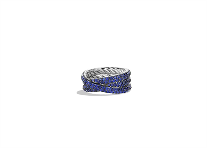 Rhodium Plated Micro Pave Blue CZ Studded Overlap Ring